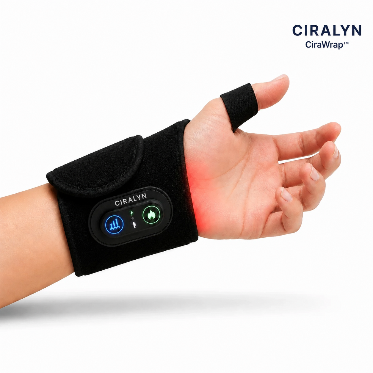 CIRALYN CiraWrap heated wrist massager worn on the wrist with illuminated controls